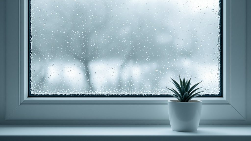 Soğuk bir sabah buğulanmış pencere camı ve beyaz pencere önünde küçük bir saksı bitkisi